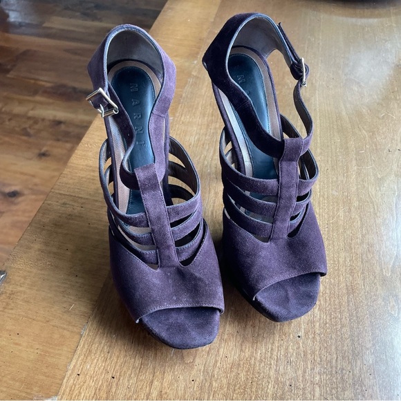 Marni Strappy Suede Purple Brown Platform Heels Peep Toe T-Strap size 40/US 10 - Picture 3 of 16
